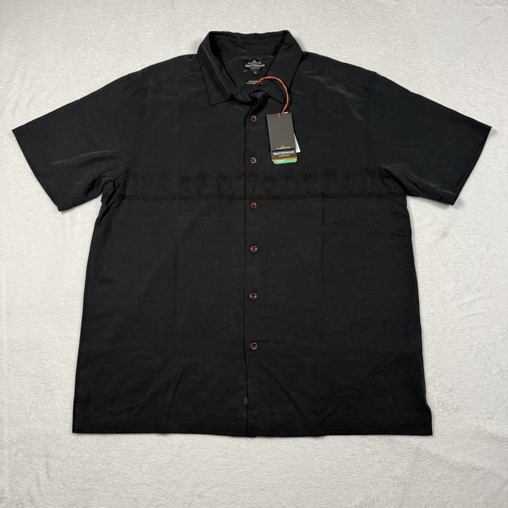 Quiksilver Waterman Shirt Mens Large Black Palm Tree Short Sleeve Button Front
